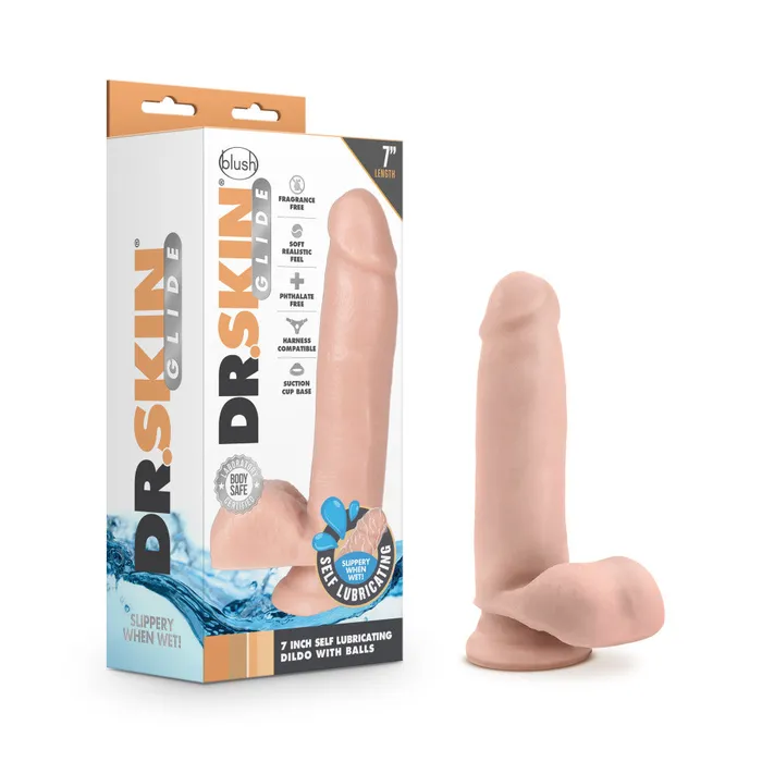 Dr Skin Glide By Blush Realistic Vanilla 7Inch Long SelfLubricating Dildo With Balls Suction Cup Base Blush Dildos Dr Skin Glide By Blush Realistic Vanilla 7Inch Long SelfLubricating Dildo With Balls Suction Cup Base Blush Dildos