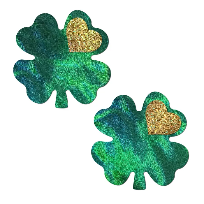 Pastease Female Sex Toys Clover Green Holographic with Glitter Gold Heart Breast Coverings by Pastease Pastease Female Sex Toys Clover Green Holographic with Glitter Gold Heart Breast Coverings by Pastease