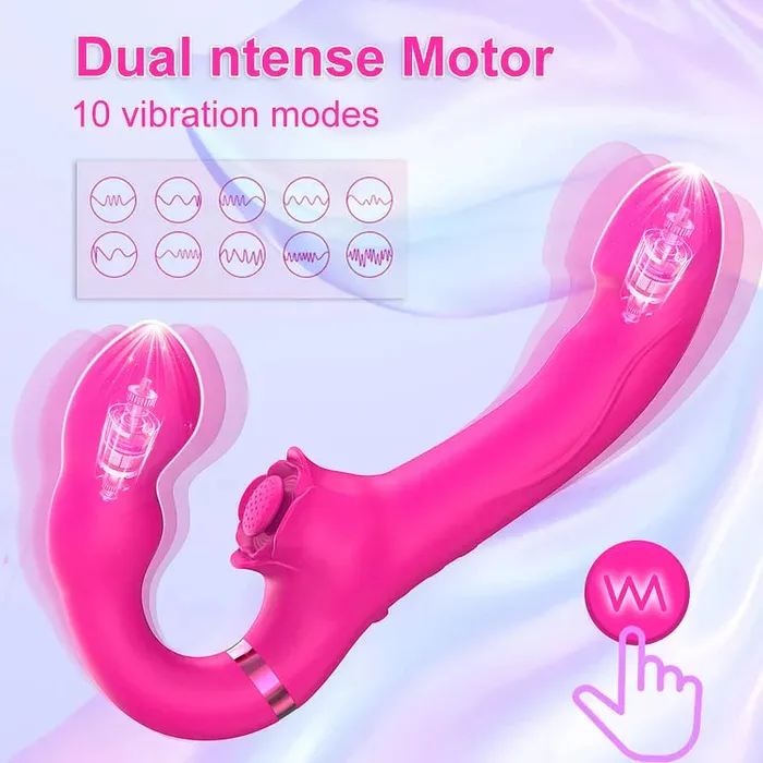 Female Sex Toys honeysx 3in1 Rose Clit Stimulator Dual Motor Shock Strapless StrapOns