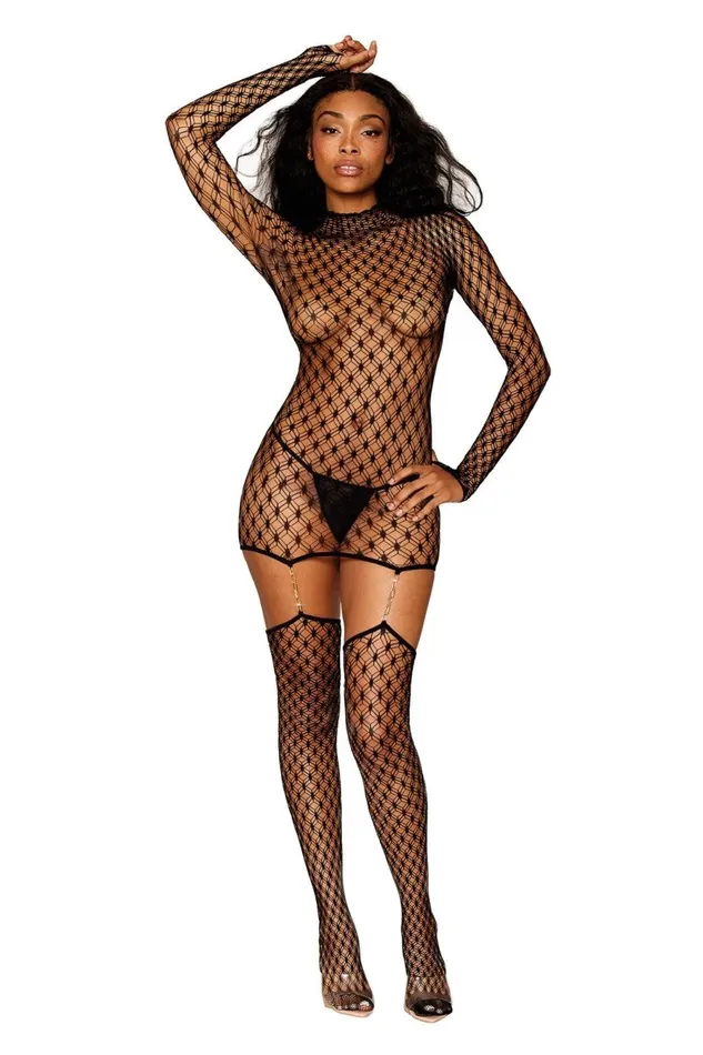 Dreamgirl Bodystockings Playsuits Bodystocking Garter Dress One Size Black