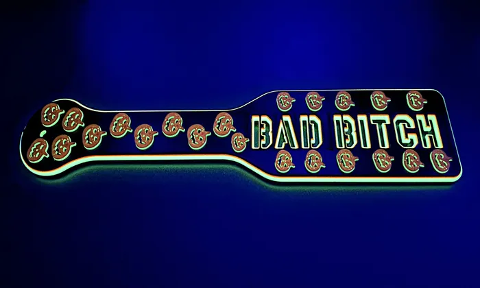 FetishToyBox Dildos 3D Printed Spanking Paddle BAD BITCH Black Orange and Glow in the Dark