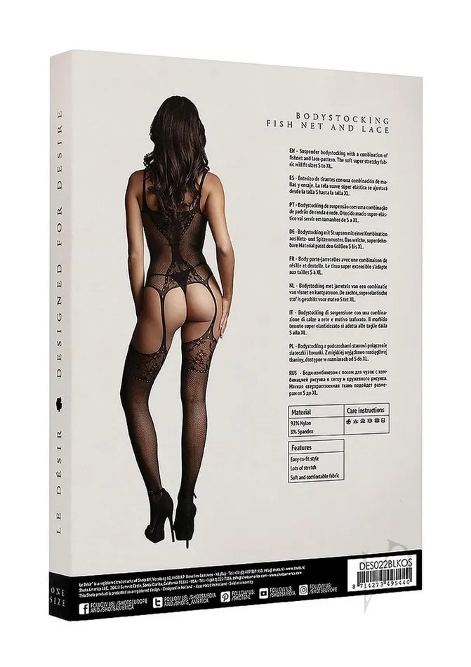 Le Desir Fishnet And Lace Bodystocking Os Blk Bodystockings Playsuits