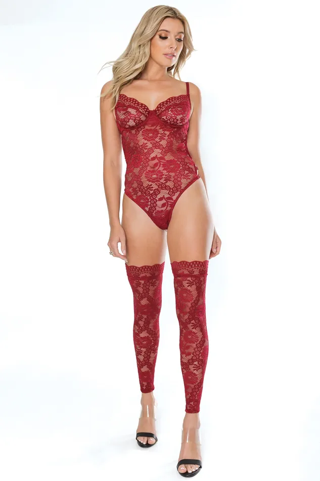 Coquette Ruby Red Scallop Stretch Lace Teddy Coquette Vibrators