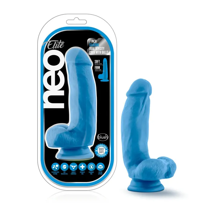 Dildos Blush Blush Neo Neon Blue Elite 7 Inch Silicone Dual Density Cock with Balls